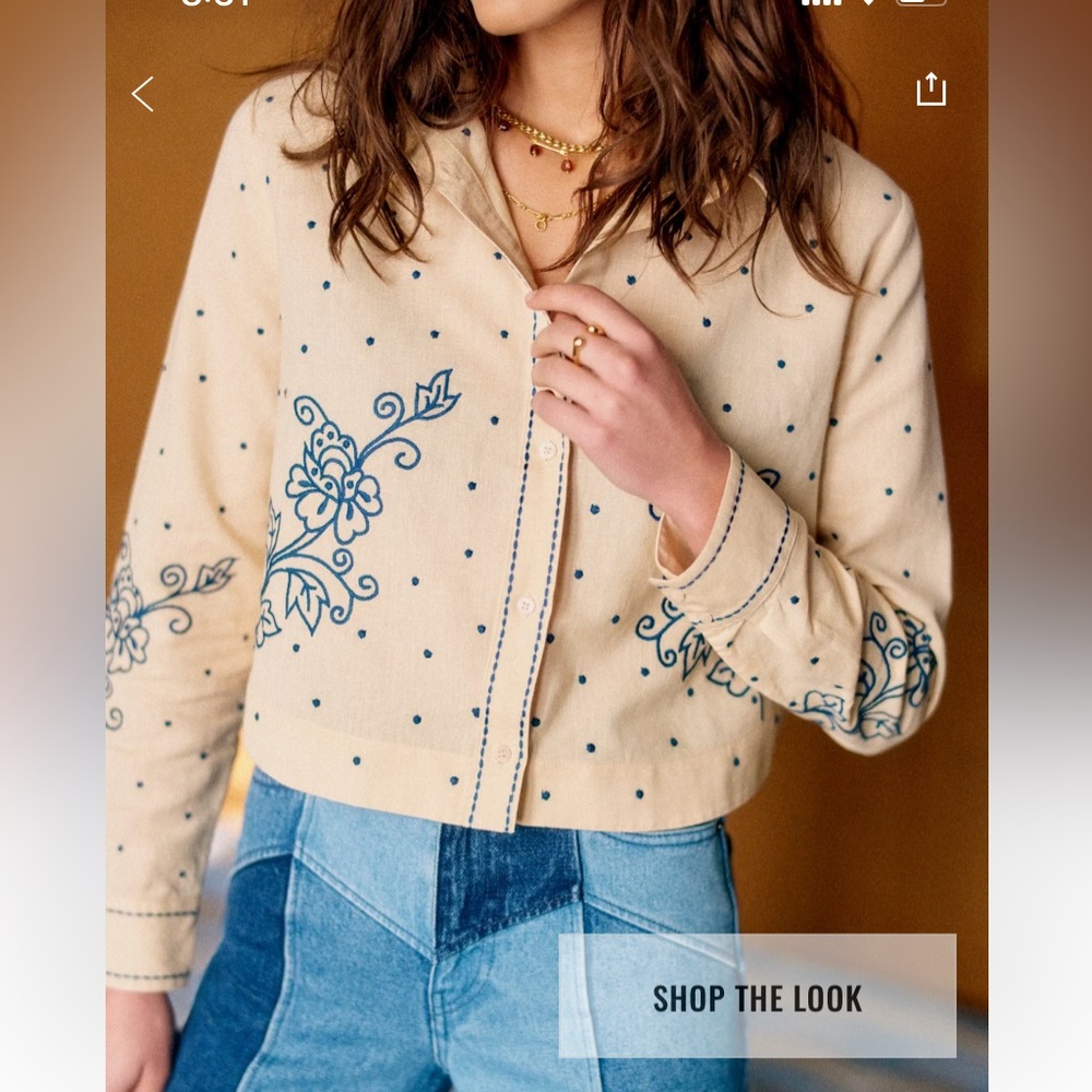 Sezane Maellie Shirt  Cream and Blue Embroidered Button Down Shirt Size 36